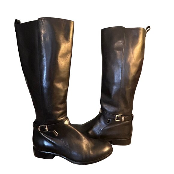 Michael Kors Women's Arley Riding Boots Black 11M | Black Leather | Silver Logo - Picture 4 of 12